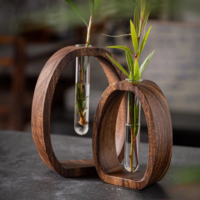 Vaso Hidropônico de Vidro com Base em Madeira